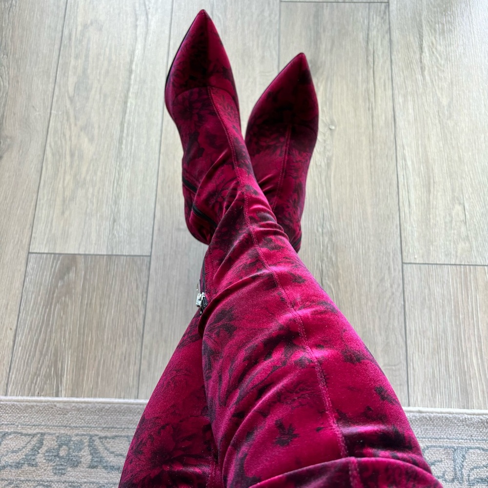 BEAUTIISOLES Mariana Over-The-Knee Red Floral Velvet Stiletto Boot--NEW-… - Picture 3 of 16